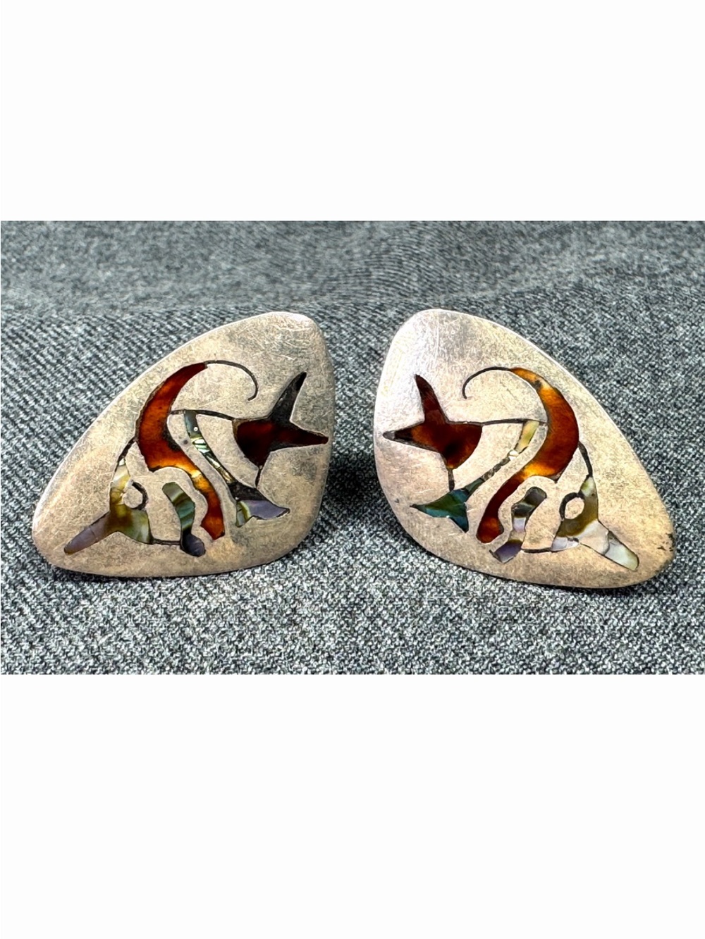 Vintage Taxco Mexico Sterling Silver Abalone Angelfish Screw Back Earrings MCM